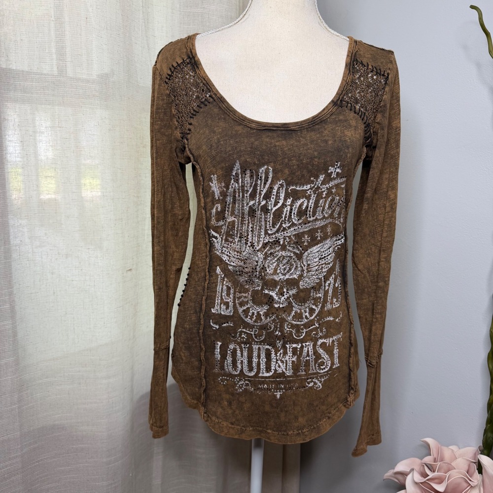 Y2K Vintage Affliction Shirt Crochet Back Rhinestone Skull‎ Wings Brown Medium